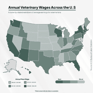 A map of the United States highlighting the top-paying regions for relief vets, including California, New York City, Florida, Texas, and Washington D.C.