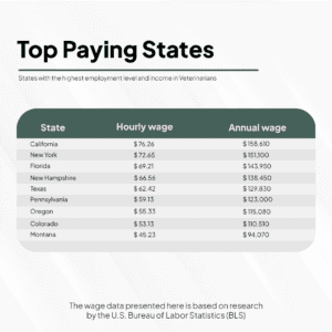 A list of the best-paying states for relief veterinarians, showcasing average hourly rates in California, New York City, Florida, Texas, and Washington D.C.