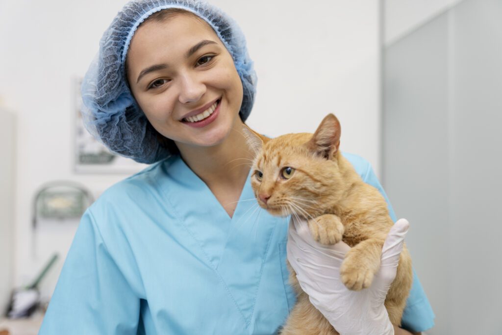 Relief vet work providing care and attention to a cat during an examination in a clinical setting.