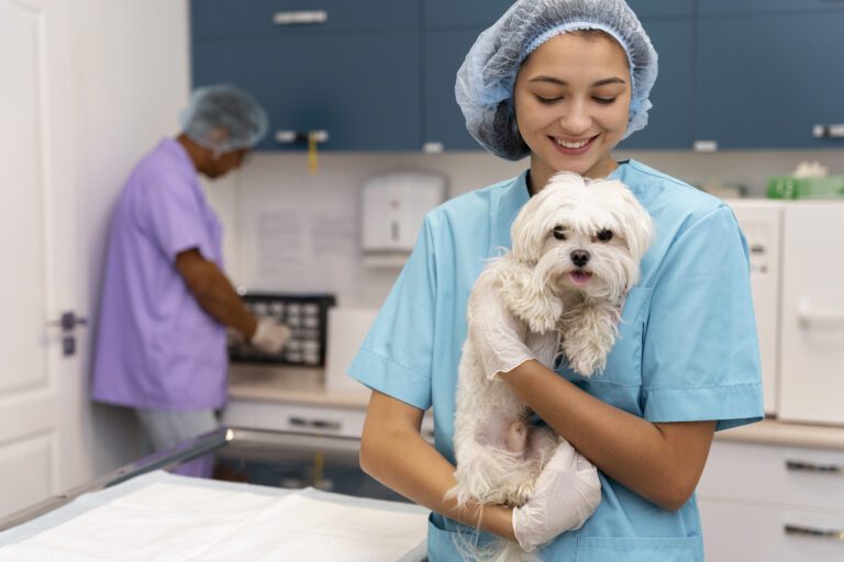 A bilingual veterinarian communicating with a Spanish-speaking pet owner, fostering trust and understanding, while providing compassionate care in a diverse veterinary clinic setting.