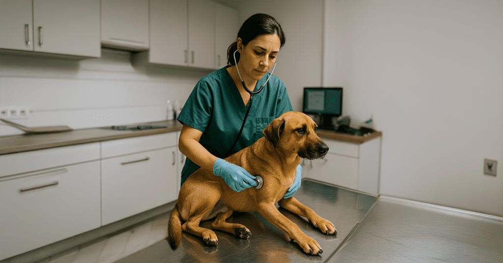 Relief veterinarian checking a dog during a shift
