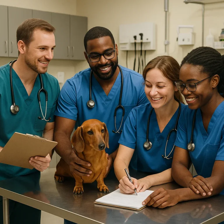 Veterinary team collaborating in a relief veterinary practice, discussing a case with a focus on teamwork and patient care. The image highlights the importance of relief veterinarian services, with professionals working together efficiently to provide high-quality care for animals in a supportive and organized clinic environment. Relief vet tech jobs and relief veterinary jobs near me emphasize the growing demand for skilled professionals in relief veterinary roles.