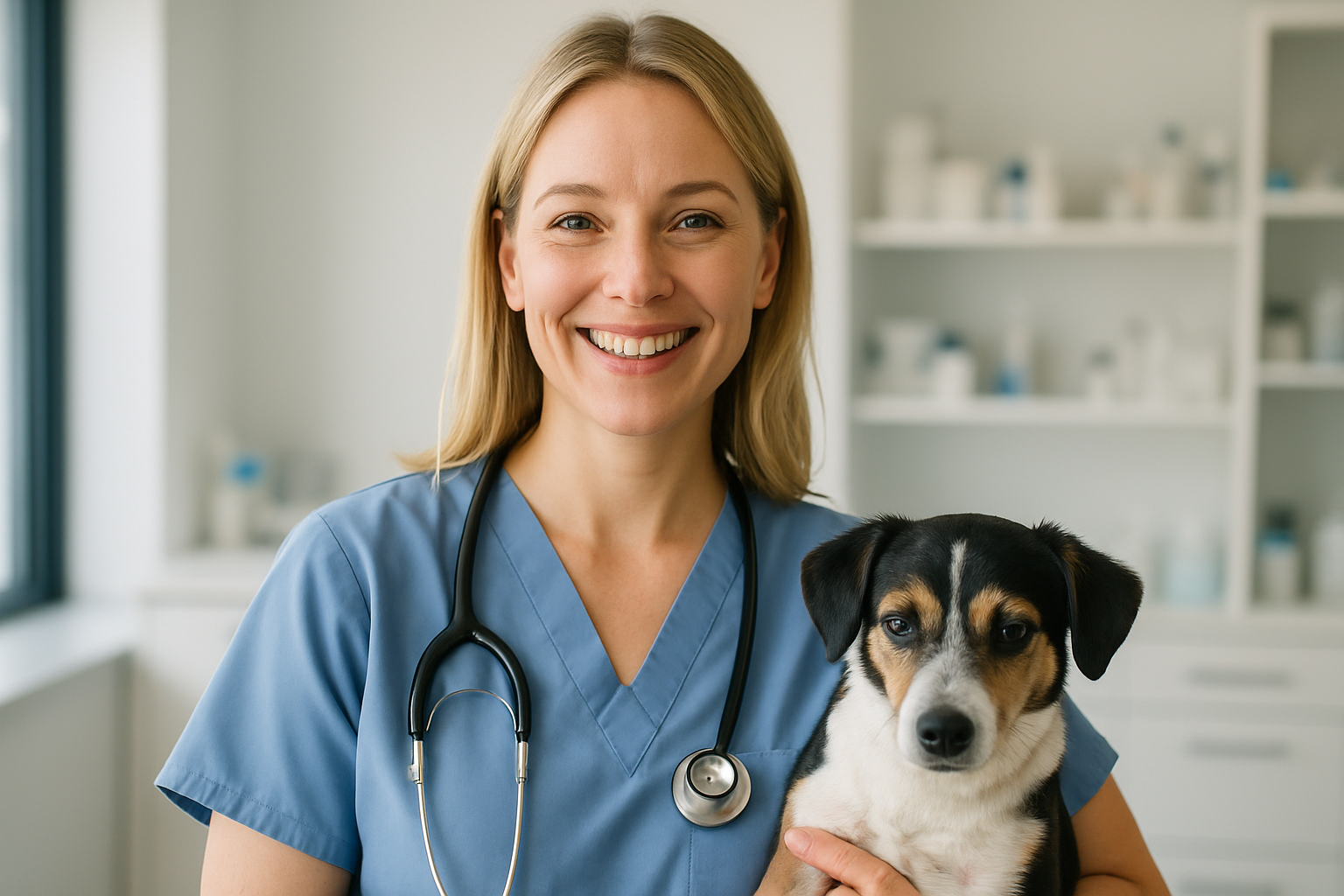 Smiling blonde female relief veterinarian in scrubs holding a dog, showcasing a full-time relief vet career with flexibility, autonomy, and better work-life balance.