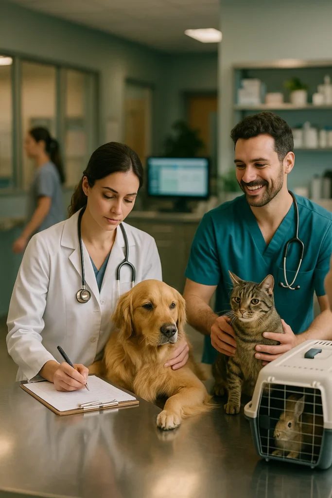 A realistic and hyper-detailed depiction of two relief veterinarians working in a modern veterinary clinic, showcasing the flexibility and variety of relief vet jobs. The female veterinarian, wearing a white lab coat and a stethoscope, is focused on writing notes on a clipboard while gently examining a golden retriever. Beside her, a male veterinarian in teal scrubs is interacting with a tabby cat, smiling as he consults with a nearby vet tech. Around them are subtle signs of activity—another tech walks by in the blurred background, and a rabbit waits calmly in a small carrier. The clinic setting is warm and professional, with clean stainless-steel surfaces, softly glowing computer monitors displaying patient data, and shelves stocked with medical supplies. Light teal walls and potted plants add a calming tone to the space. The image is shot with a Canon EOS R5 using a 50mm f/1.4 lens, set to f/2.8 for a shallow depth of field that keeps the vets and animals in sharp focus while softly blurring the background. Soft natural light streams through large windows, casting gentle highlights and shadows, creating a welcoming and empathetic atmosphere. The overall scene captures the rewarding nature of relief veterinary work and the ability to explore different career paths through hands-on experience.
