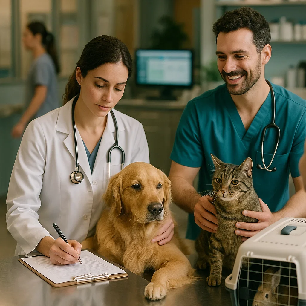 A realistic and hyper-detailed depiction of two relief veterinarians working in a modern veterinary clinic, showcasing the flexibility and variety of relief vet jobs. The female veterinarian, wearing a white lab coat and a stethoscope, is focused on writing notes on a clipboard while gently examining a golden retriever. Beside her, a male veterinarian in teal scrubs is interacting with a tabby cat, smiling as he consults with a nearby vet tech. Around them are subtle signs of activity—another tech walks by in the blurred background, and a rabbit waits calmly in a small carrier. The clinic setting is warm and professional, with clean stainless-steel surfaces, softly glowing computer monitors displaying patient data, and shelves stocked with medical supplies. Light teal walls and potted plants add a calming tone to the space. The image is shot with a Canon EOS R5 using a 50mm f/1.4 lens, set to f/2.8 for a shallow depth of field that keeps the vets and animals in sharp focus while softly blurring the background. Soft natural light streams through large windows, casting gentle highlights and shadows, creating a welcoming and empathetic atmosphere. The overall scene captures the rewarding nature of relief veterinary work and the ability to explore different career paths through hands-on experience.