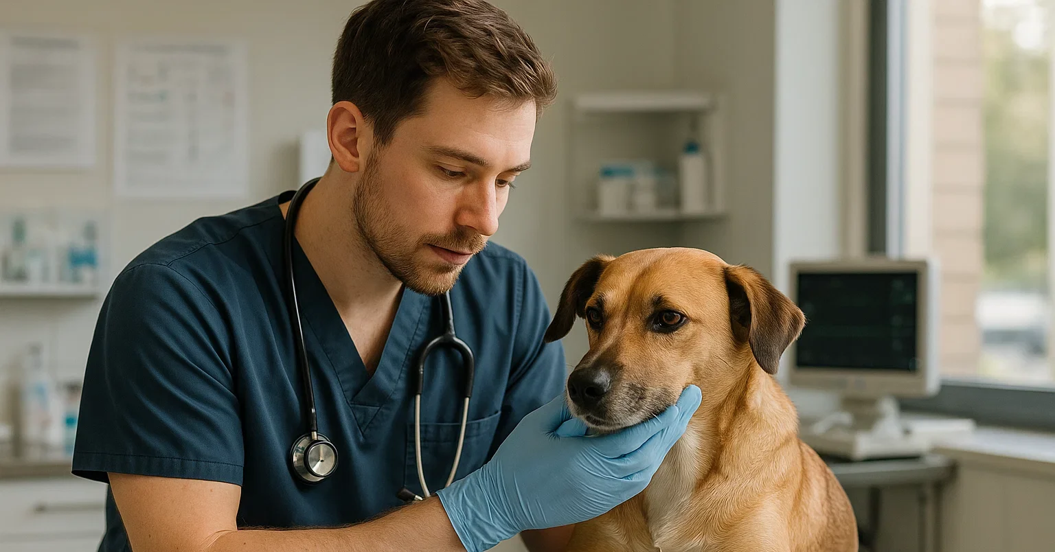 Veterinary technician examining a dog in a clinic, highlighting the role of vet techs in providing care. This image emphasizes the importance of vet tech pay and the flexibility of relief vet tech jobs.