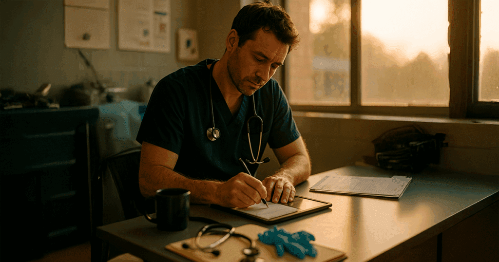 Relief veterinarian writing shift notes at a clinic desk at the end of the day, with warm lighting, medical tools, and a tablet for documentation.