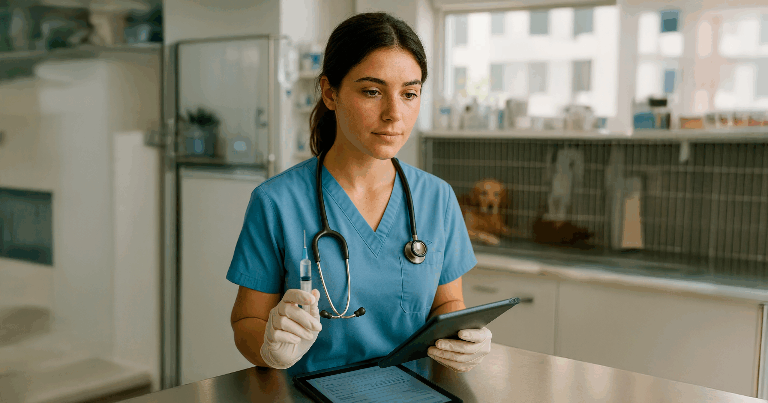 Photorealistic image of a vet assistant working in a modern veterinary clinic holding medical tools and a digital tablet, illustrating essential vet assistant skills.