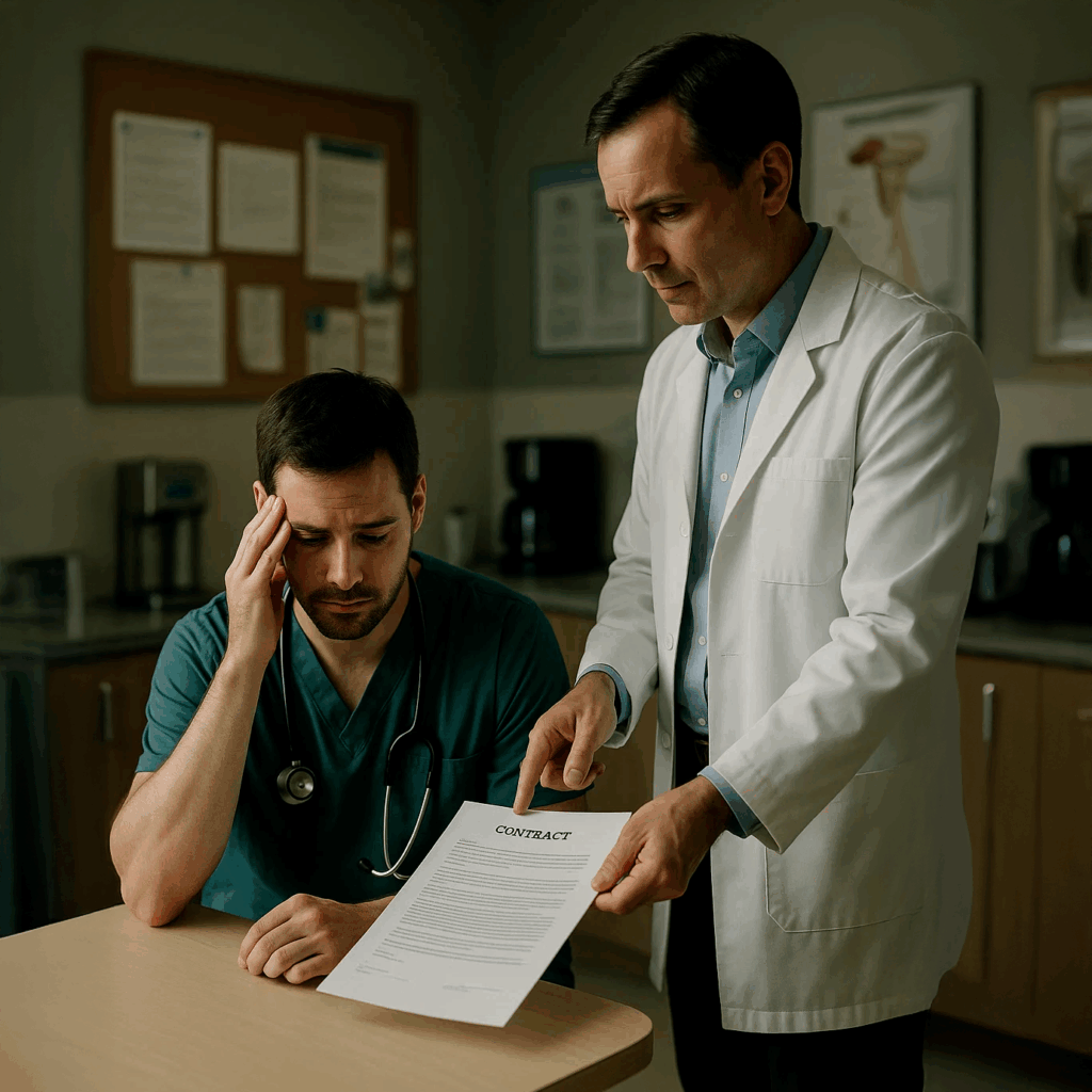 Veterinarian reviewing veterinary non-compete contract with colleague in a modern vet clinic, highlighting concerns about veterinary non-competes and career restrictions.