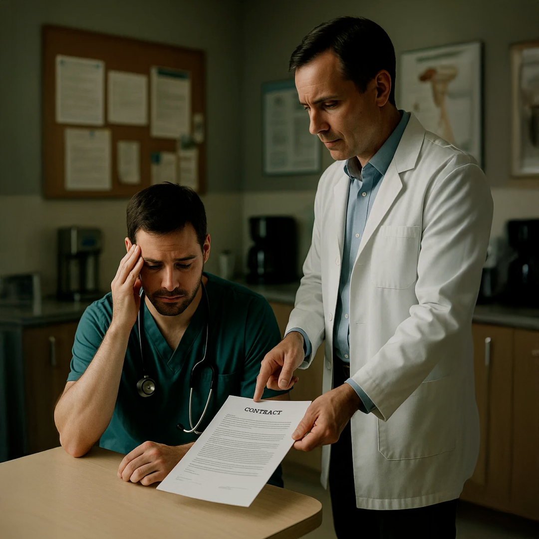 Veterinarian reviewing veterinary non-compete contract with colleague in a modern vet clinic, highlighting concerns about veterinary non-competes and career restrictions.
