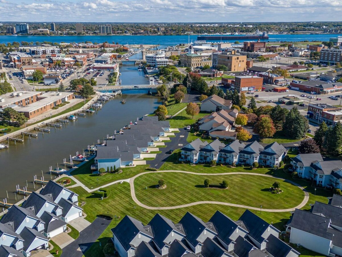 Michigan City, IN downtown streets, a great place for relief vet jobs, with cafes and clinics near Lake Michigan.