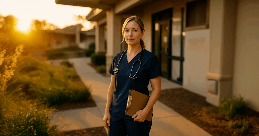Blonde female relief vet in scrubs standing confidently in a modern veterinary clinic, symbolizing relief vet DEA license compliance.