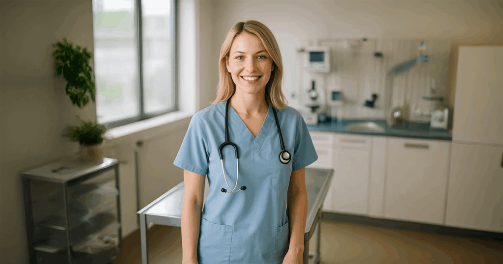 Smiling blonde female veterinarian in scrubs standing inside a modern clinic, representing relief vet jobs in a professional and welcoming environment.