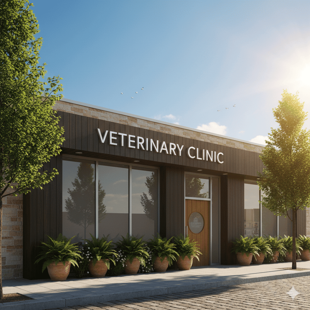 Flexible veterinary staffing solutions at a modern veterinary clinic exterior.