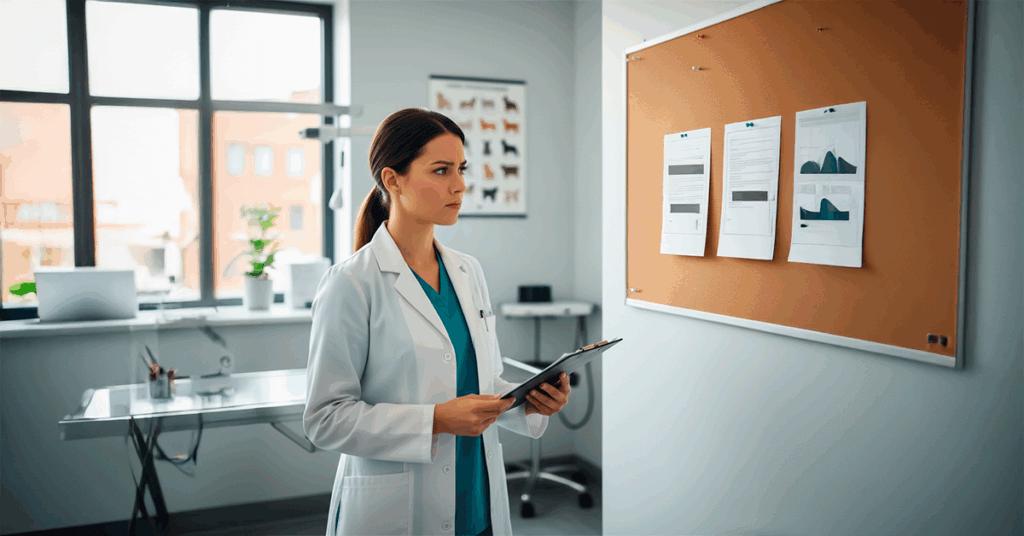 Experienced veterinary staffing professional reviewing job postings on a bulletin board for flexible vet staffing solutions.
