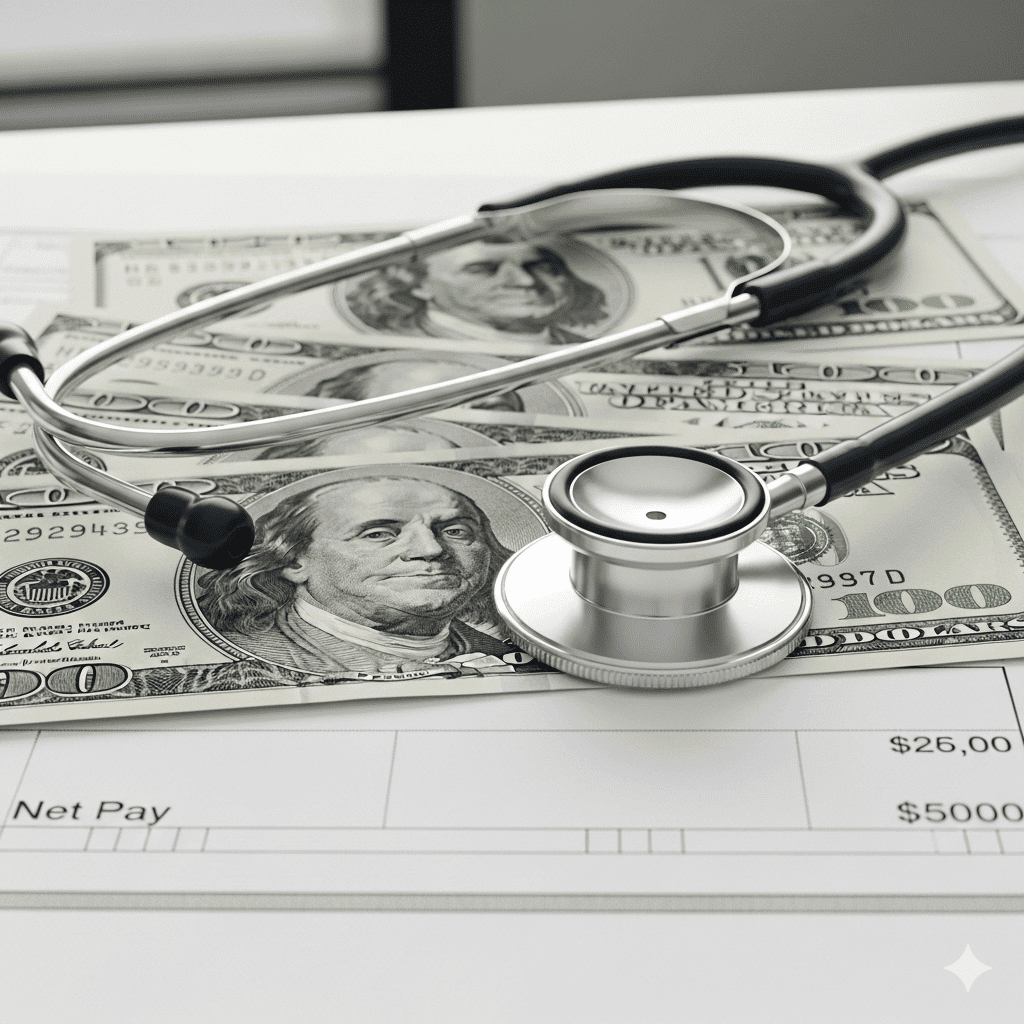 Medical stethoscope placed on top of US dollar bills, representing healthcare staffing and medical finance solutions.