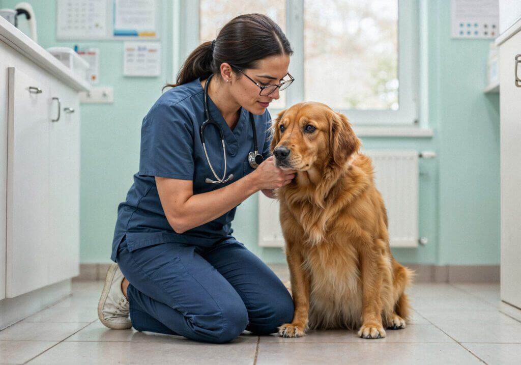 Licensed veterinarian nurse examining a golden retriever in a veterinary clinic.
