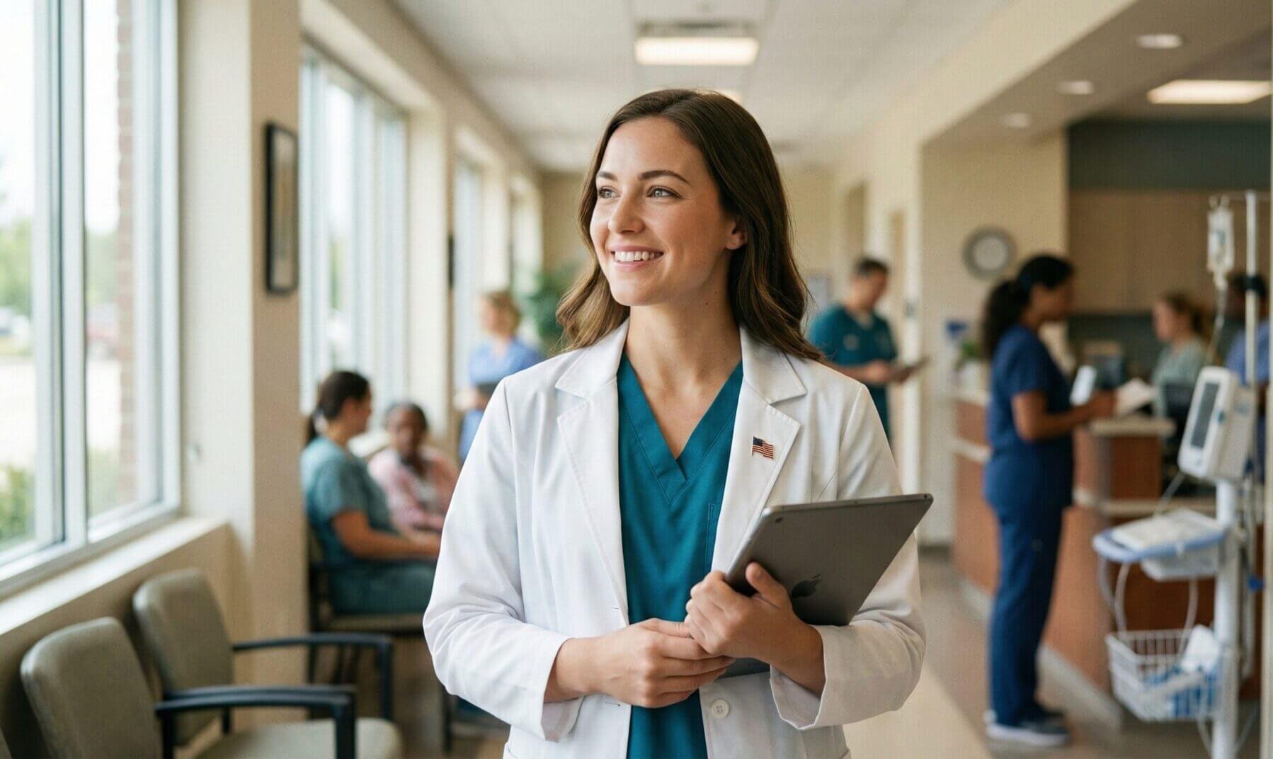 Professional veterinarian exploring flexible career options and relief work opportunities using a tablet.
