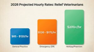 2026 relief veterinarian rates chart comparing General Practice vs Emergency and Holiday hourly pay