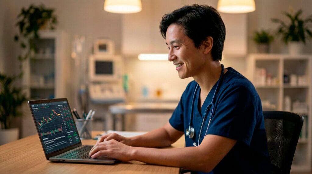 Veterinarian analyzing 2026 relief veterinarian rates and salary projections on a laptop financial dashboard