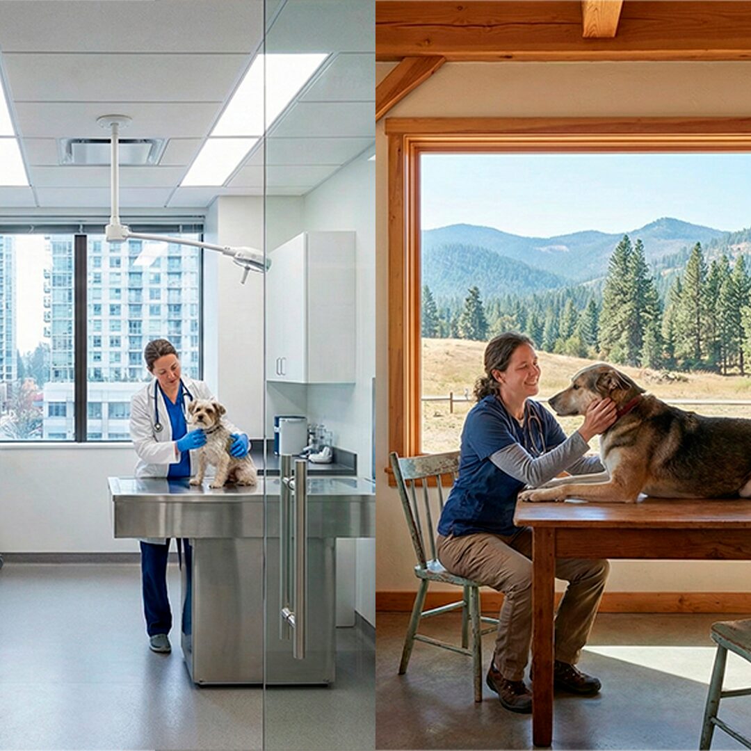 Veterinarian comparing urban clinic job versus highest paying vet jobs in rural areas with mountain views