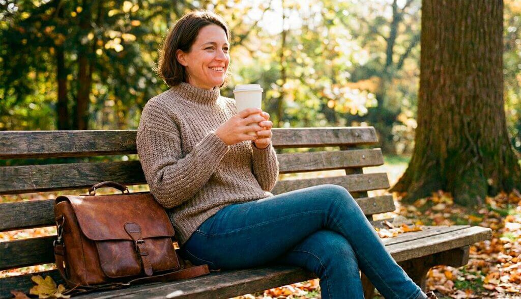 Female veterinarian in casual clothes relaxing in a sunny park with a coffee, enjoying the work-life balance benefits of part time vet jobs.
