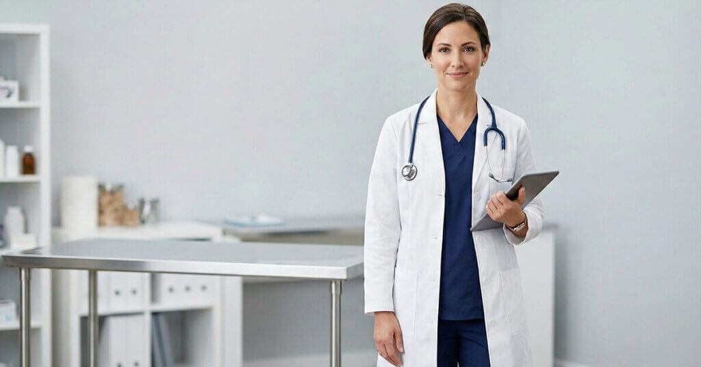 Professional female veterinarian wearing a white lab coat and navy scrubs, standing confidently in a modern veterinary clinic