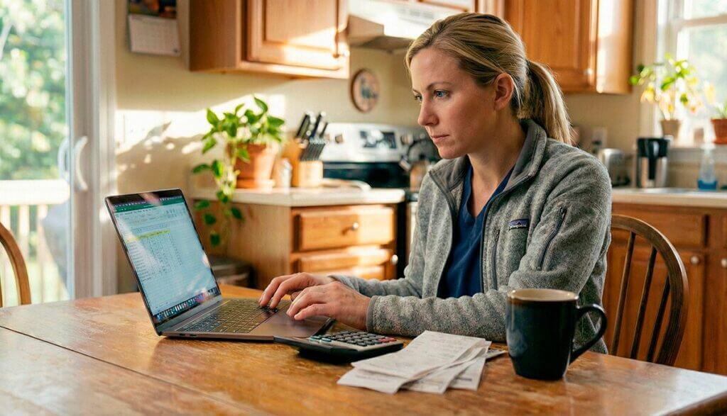 Female veterinarian sitting at a desk reviewing 2026 relief vet taxes on a laptop with a stethoscope and receipts nearby.