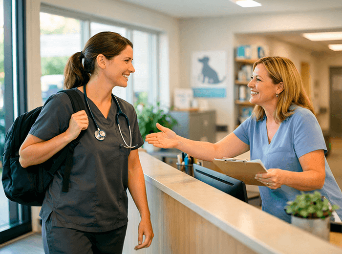 Veterinary clinic owner meeting a relief veterinarian for short-term vet staffing coverage