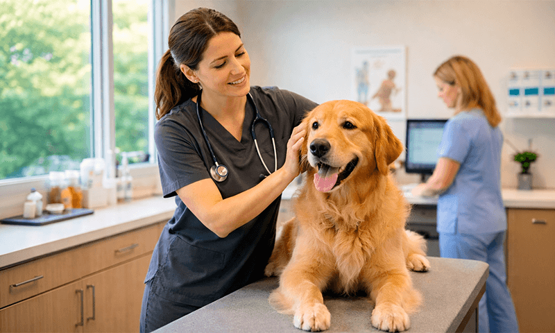 Relief veterinarian filling a locum vet staffing shift at a veterinary clinic