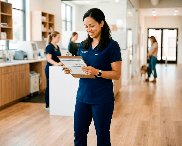 Licensed relief veterinarian reviewing pay rates and shift schedule