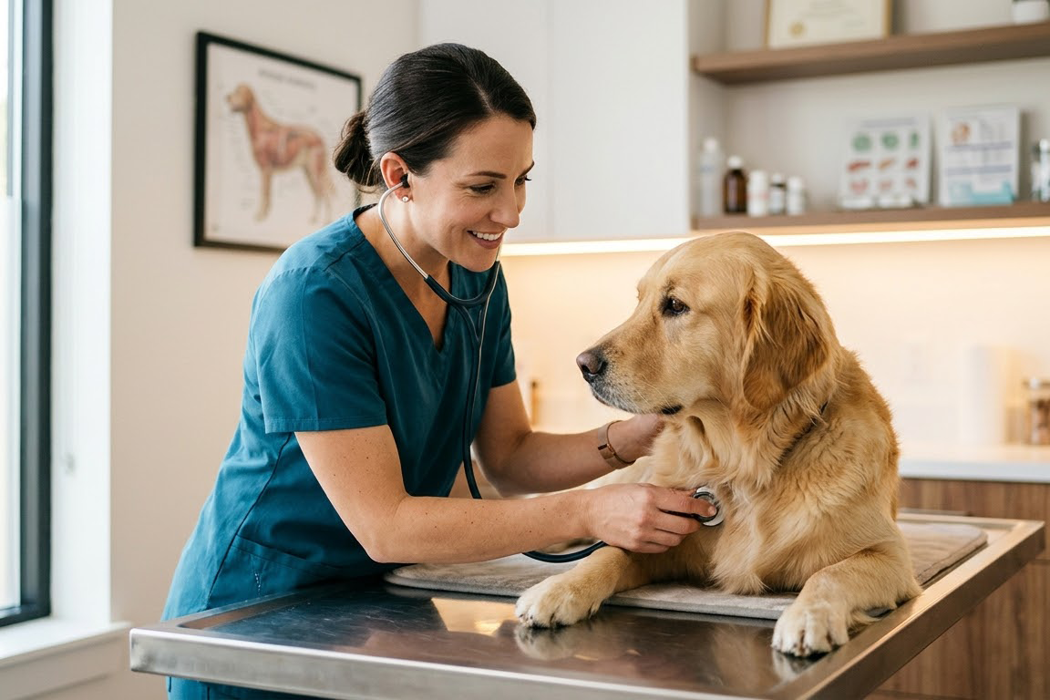 Relief veterinarian examining a dog at a veterinary clinic — FlexVet staffing for relief DVMs