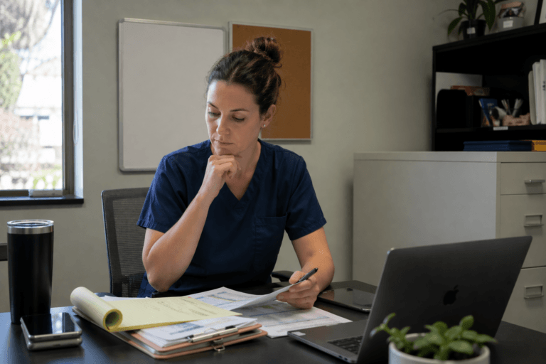 veterinarian reviewing salary and financial documents at clinic desk