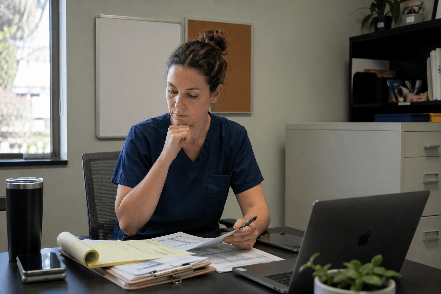 veterinarian reviewing salary and financial documents at clinic desk