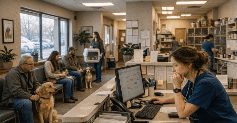 Veterinarian reviewing schedule at a clinic affected by the veterinary staffing shortage